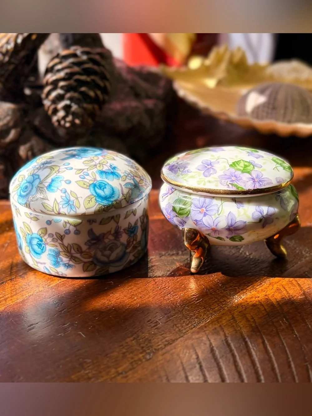 Charming Floral Porcelain Trinket Box Set of 2 Keepsake Vintage Accents